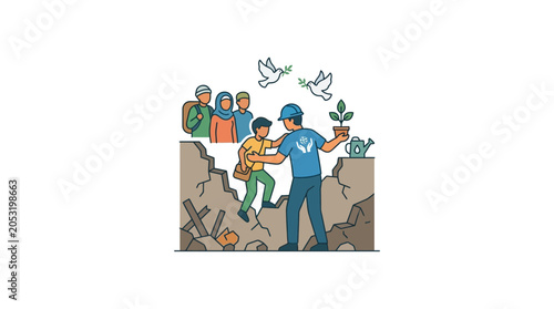Valokuva Humanitarian Aid Worker Helping Child in Disaster Zone