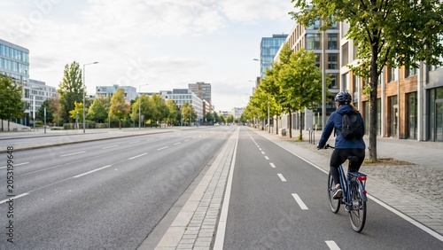 Woman Cycling on City Bike Lane Next to Modern Buildings