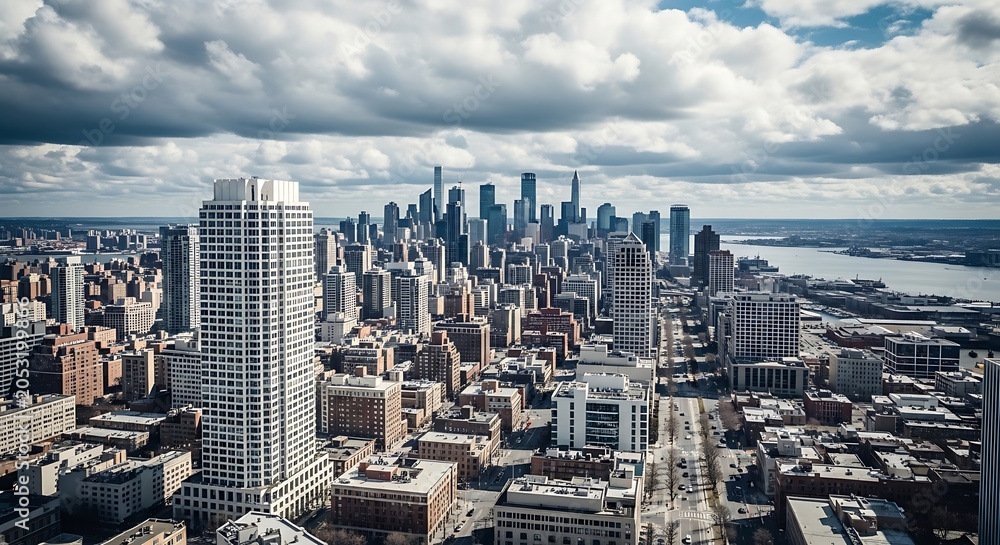 Obraz premium Aerial view of a large city with many tall buildings and a cloudy sky overhead