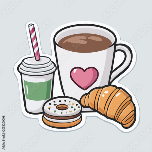 Cute coffee cup, donut, and croissant illustration