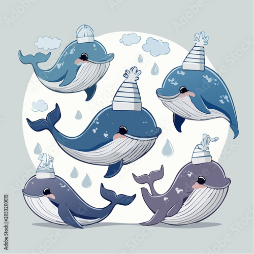 Cute Whales Wearing Party Hats and Raining