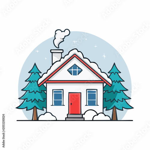 Flat design winter house with snow and christmas trees