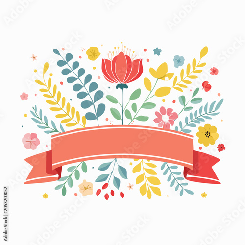 Floral Banner with Ribbon and Flowers