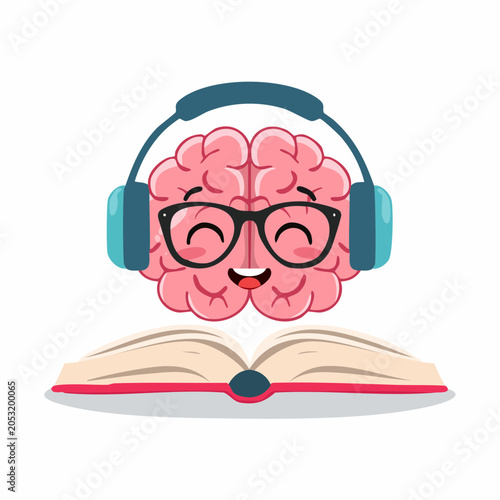Happy cartoon brain with headphones and glasses reading a book