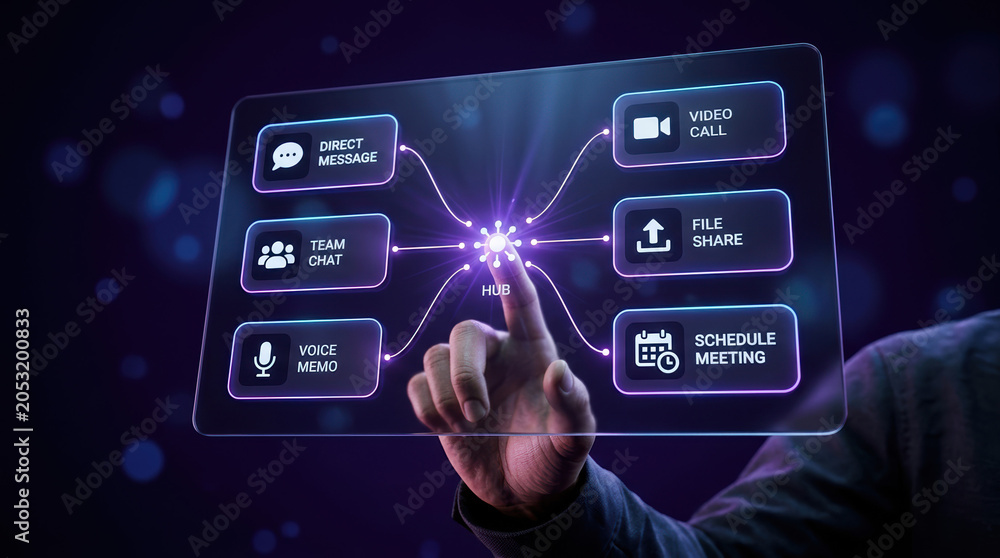 Fototapeta premium Digital communication interface with business icons, futuristic virtual screen for team collaboration, glowing neon workspace dashboard for remote work
