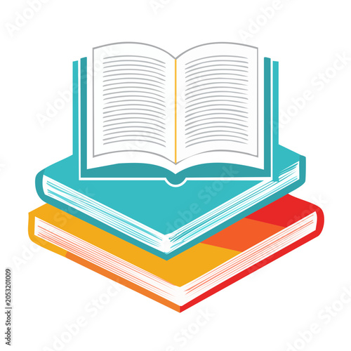 Open book on top of a stack of colorful books