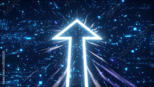 Digital arrow rising through pixelated space