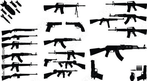 Billede på lærred Collection of weapon silhouettes including rifles, pistols, bombs, and ammunitio