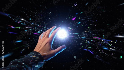 Human hand interacts with luminous digital sphere amidst abstract data particles