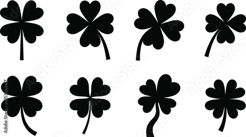 Quadro su tela Black four leaf clover silhouette collection with lucky shamrock symbols and dec