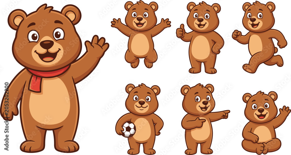 Fototapeta premium Cute bear cartoon character collection with playful poses and happy expressions vector illustration isolated on white background
