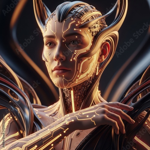 Futuristic cyborg portrait with glowing circuits and elegant design