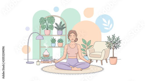 Woman meditating peacefully at home, surrounded by plants and calming decor.