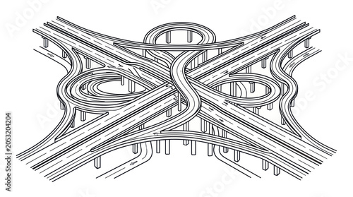 Intricate highway interchange, complex traffic junction, aerial view illustration