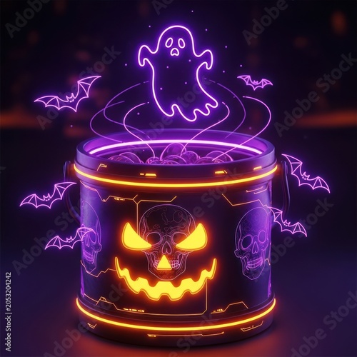 Neon halloween cauldron illustration with glowing ghost and bats