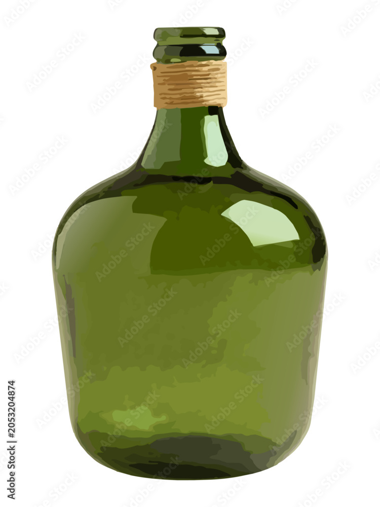 Ταπετσαρία A rustic green glass demijohn bottle with a twine-wrapped neck, isolated on a white background