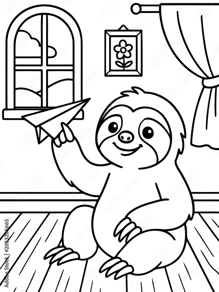 Fototapeta premium Cute Sloth Playing with Paper Airplane: An adorable, cartoonish sloth sits on a wooden floor, holding a paper airplane, with a window and a framed picture on the wall in the background.