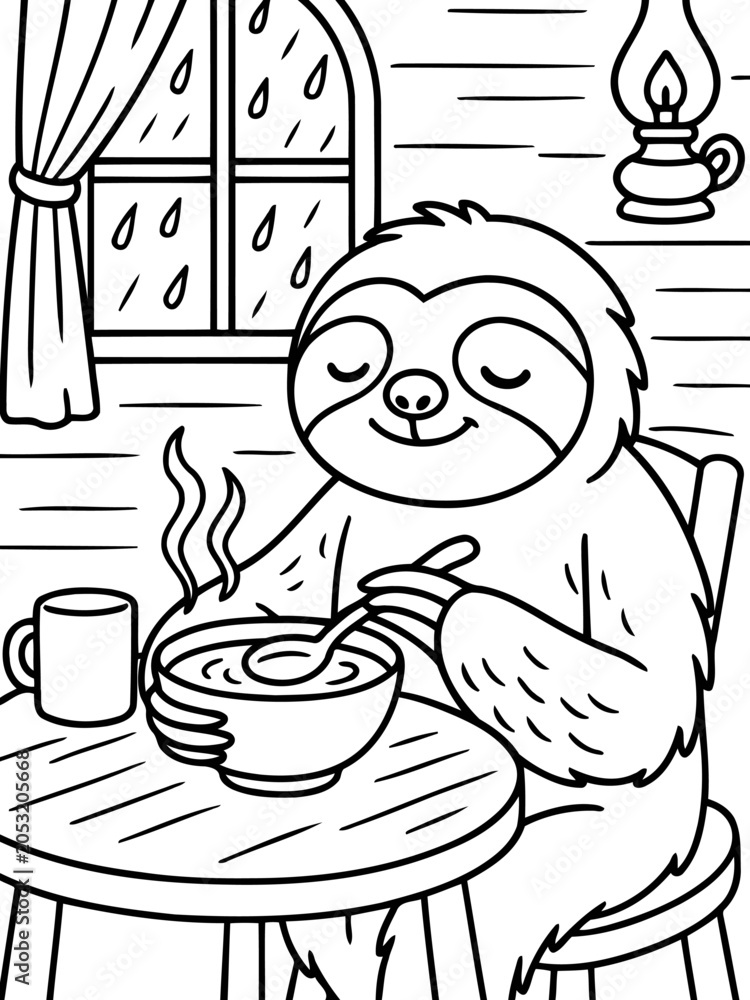 Fototapeta premium Cozy Sloth's Rainy Day Meal: A contented sloth enjoys a warm bowl of soup at a rustic table, with rain visible outside the window and a vintage lamp casting a soft glow.