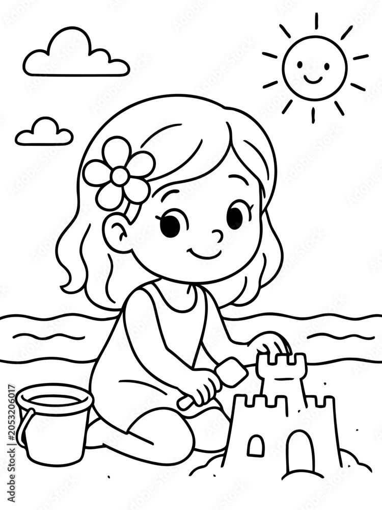 Naklejka premium Beach Day Fun: A cheerful little girl joyfully builds a sandcastle on a sunny beach, her bucket and spade ready for more creative play under the beaming sun.