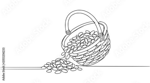 Bild auf Leinwand Woven basket spilling seeds onto a line, single line drawing