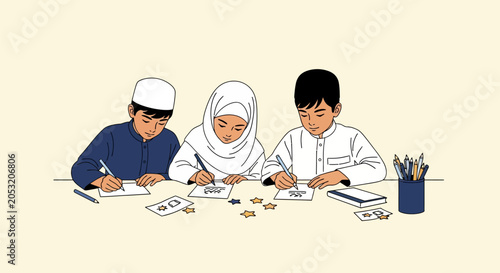 Joyful Muslim Children Learning Together: Education & Creativity Illustration