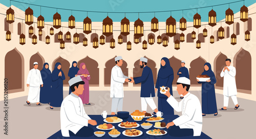 Eid Mubarak: Joyful Muslim Gathering with Food and Lanterns