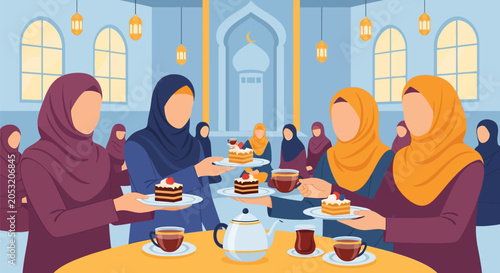 Vibrant Muslim Women's Social Gathering: Sharing Tea, Cakes, and Friendship in a Cultural Setting