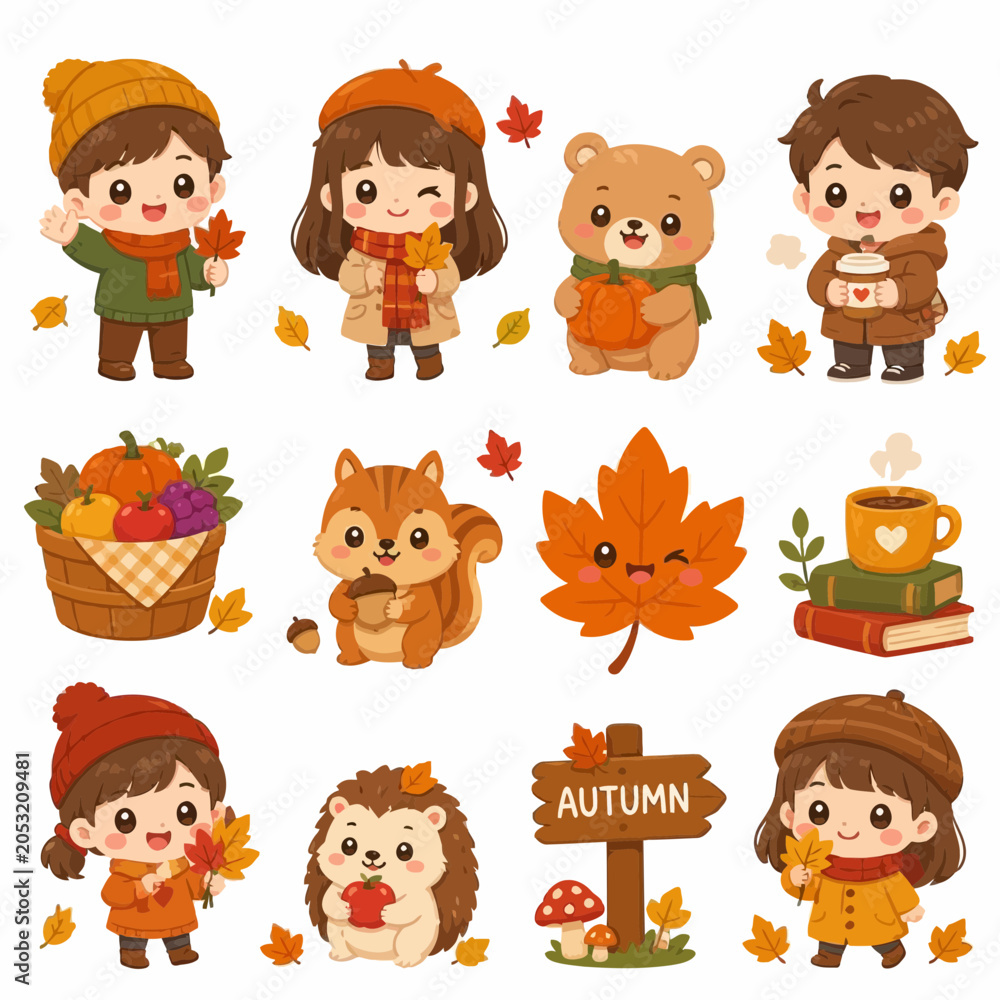 Foto Autumn sticker set with cute characters and fall objects.