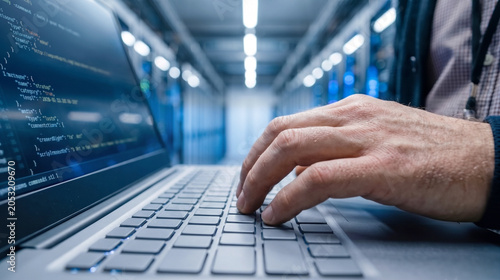 IT technician hands typing on laptop with code on screen in modern dark server room.
