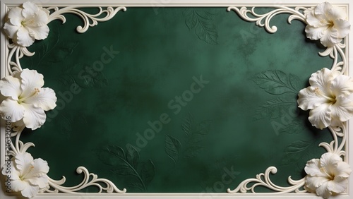 Elegant Vintage Botanical Floral Corner Frame with Deep Emerald Green Background and Ivory Ornamental Border for Luxury Invitation Design
