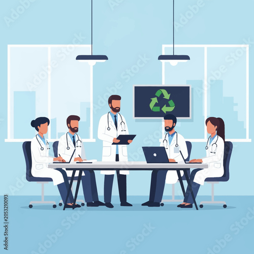 Vector illustration of a medical team in white coats sitting around a table with laptops, discussing sustainability with a green recycling logo visible on a monitor screen.
