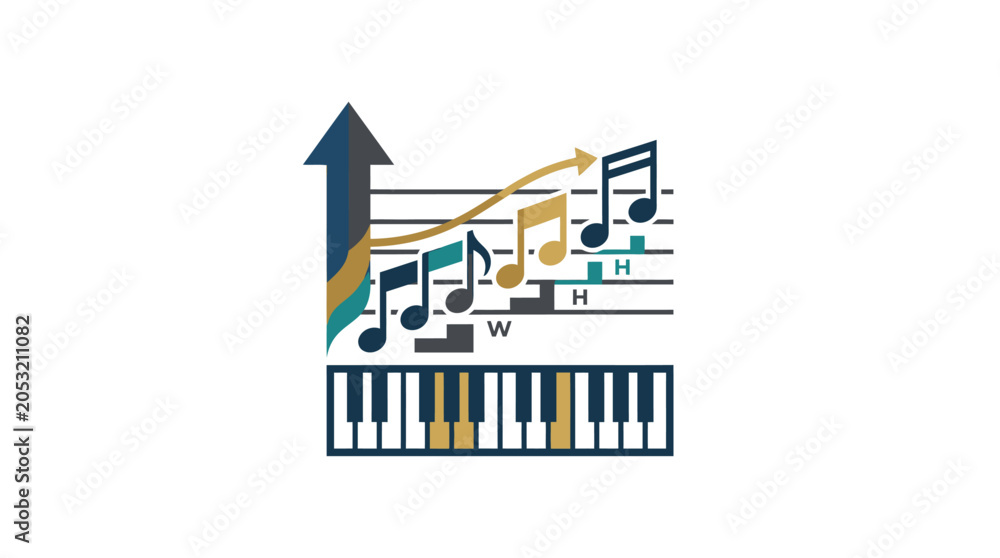 Fototapeta premium Music notes and piano keyboard illustration.