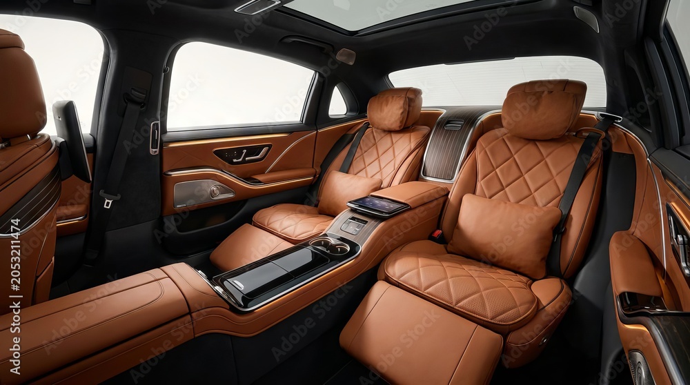 Naklejka premium Luxurious leather interior of a modern executive sedan with reclining seats.