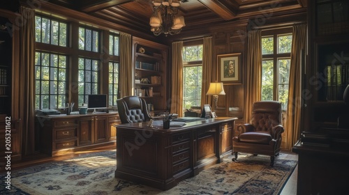 Luxury home study with beautiful wooden furniture