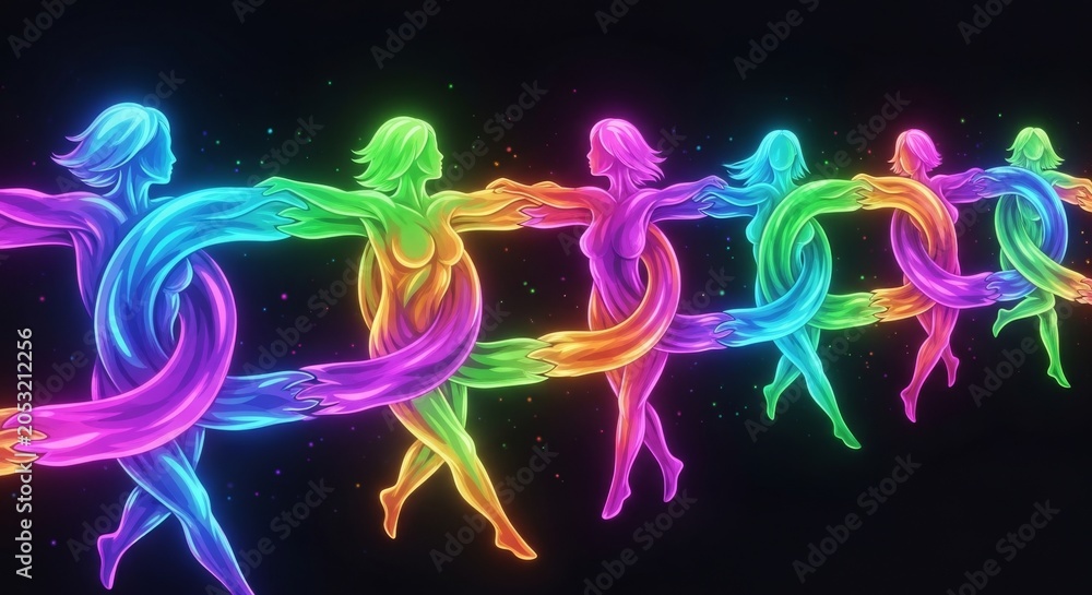 Obraz premium Women’s equality: glowing neon women holding hands in connected chain with equality connection solidarity empowerment