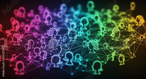 Women’s equality network of connected people silhouettes on abstract digital background with equality, connections