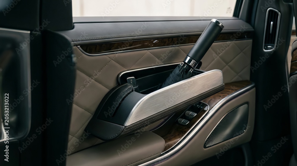 Naklejka premium Luxury car interior door panel with integrated umbrella storage compartment.