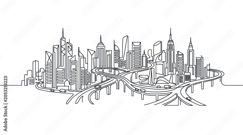 Fototapeta premium Modern Cityscape with Highway Interchange, Line Art Illustration