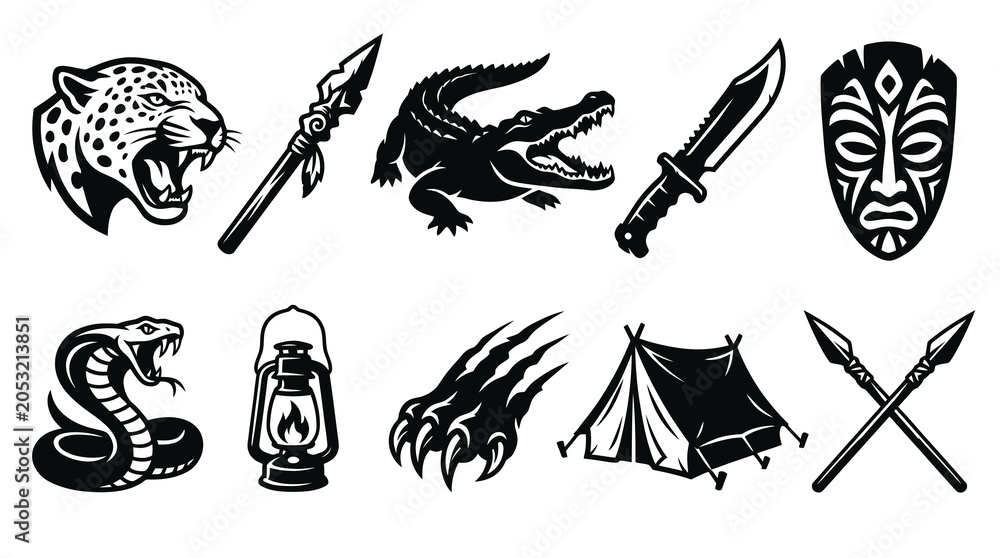 Fototapeta premium Wild Jungle Wildlife and Tribal Survival Tools Vector Collection
