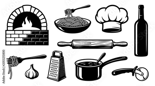 Italian Restaurant Kitchen Utensils and Pasta Cooking Icon Set