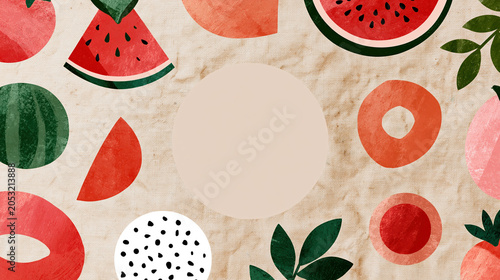 Abstract fruit poster with watercolor shapes and center circle for market decoration and produce theme