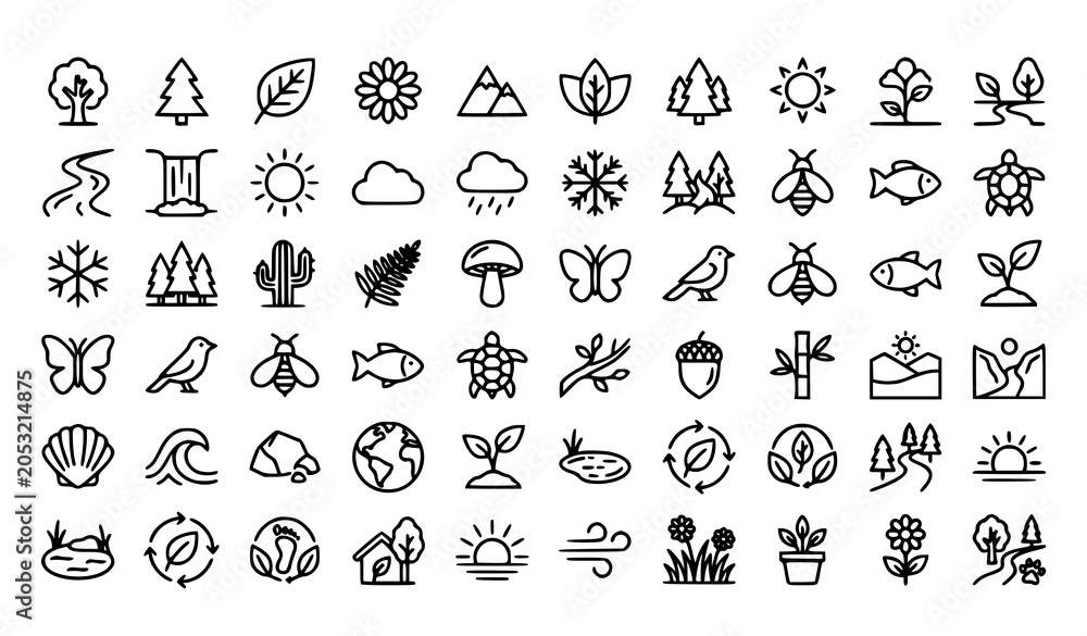 Obraz premium Nature Thin Line Icons Set with Trees Plants Mountains Wildlife and Environmental Outline Symbols