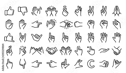Monochrome Vector Hand Sign Icons Pack Featuring Finger Gestures Communication and Outline Symbols
