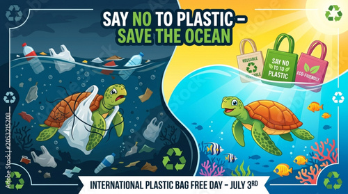 Sea turtle swimming in polluted ocean versus clean ocean promoting plastic bag free day and saving marine life illustration for environmental awareness