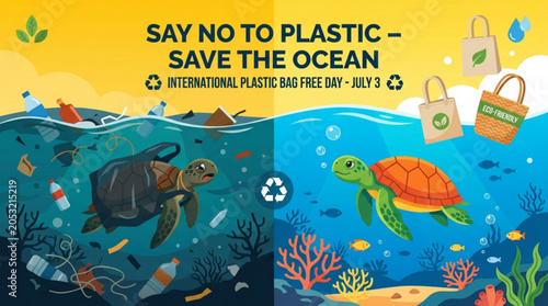Say no to plastic pollution save the ocean concept with turtles and marine life illustration for International Plastic Bag Free Day
