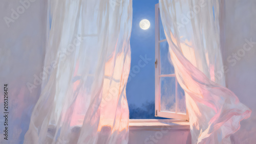 An open window with blowing white curtains under a bright full moon at night, digital painting illustration.