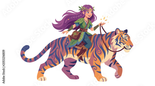 Bilde på lerret Fantasy Elf Woman Riding Majestic Tiger with Glowing Magic