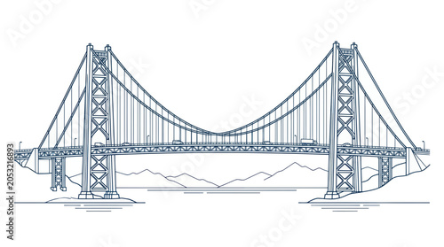 Fotografie Suspension bridge illustration, iconic landmark, city skyline, travel and transp