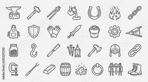 Bild auf Leinwand Collection of blacksmithing tools and equipment icons, representing metalworking and craftsmanship