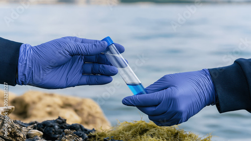 Seawater sample collection gloved hand ocean science marine research field study water sample coastal shore laboratory tube